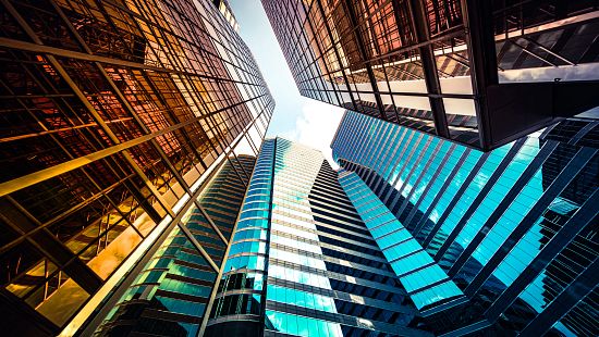 View from ground up of skyscrapers